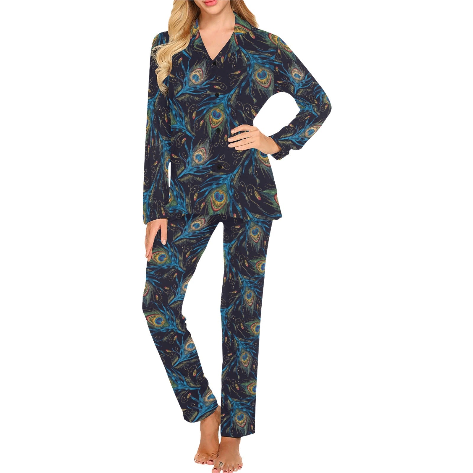 Beautiful peacock feather pattern Women's Long Pajama Set