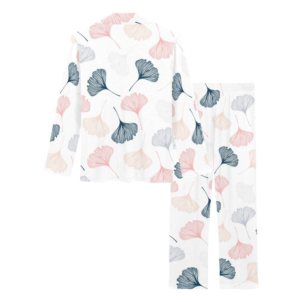 Black Gray Cream coral ginkgo leaves pattern Women's Long Pajama Set