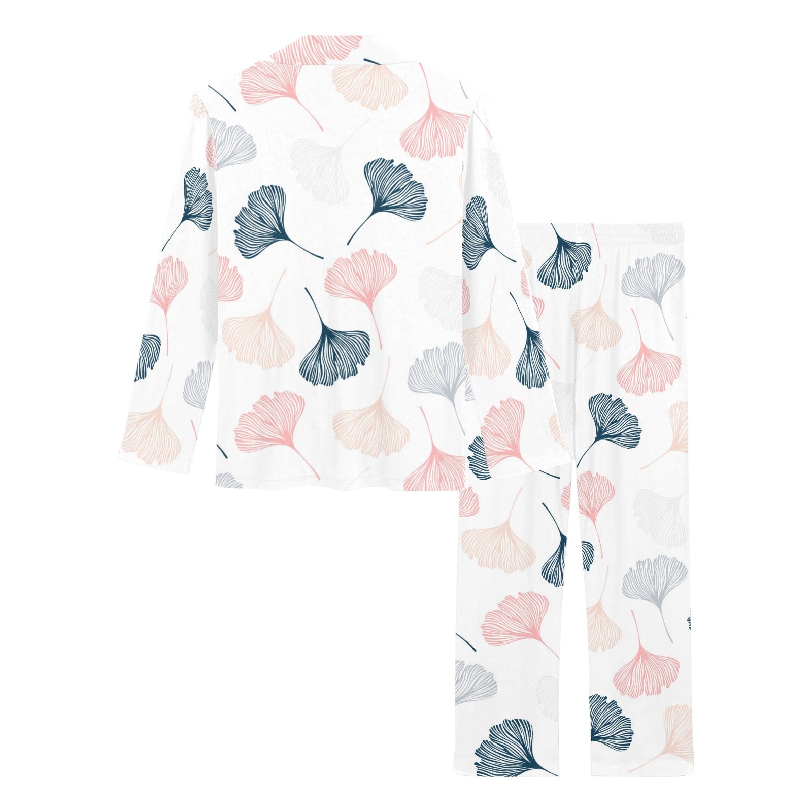 Black Gray Cream coral ginkgo leaves pattern Women's Long Pajama Set