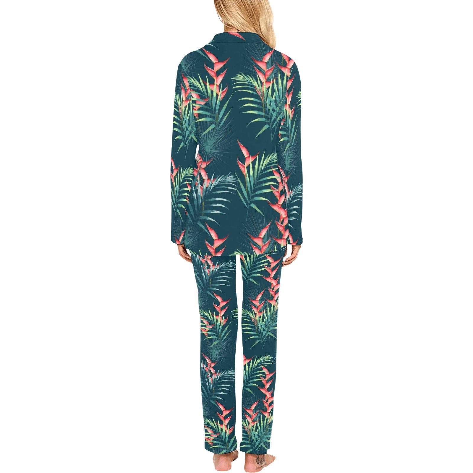 heliconia flowers, palm and monstera leaves on bla Women's Long Pajama Set