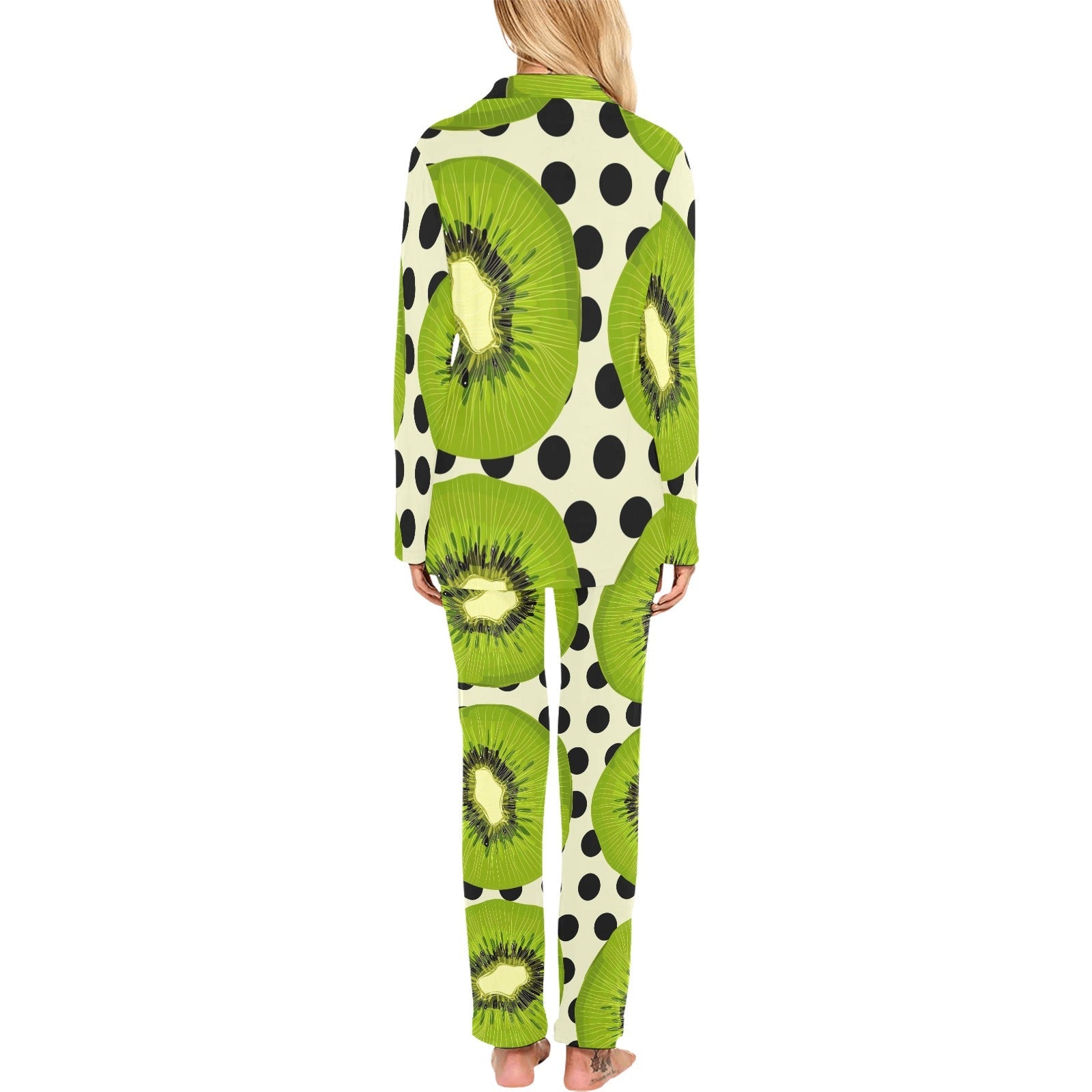 kiwi black dot background Women's Long Pajama Set