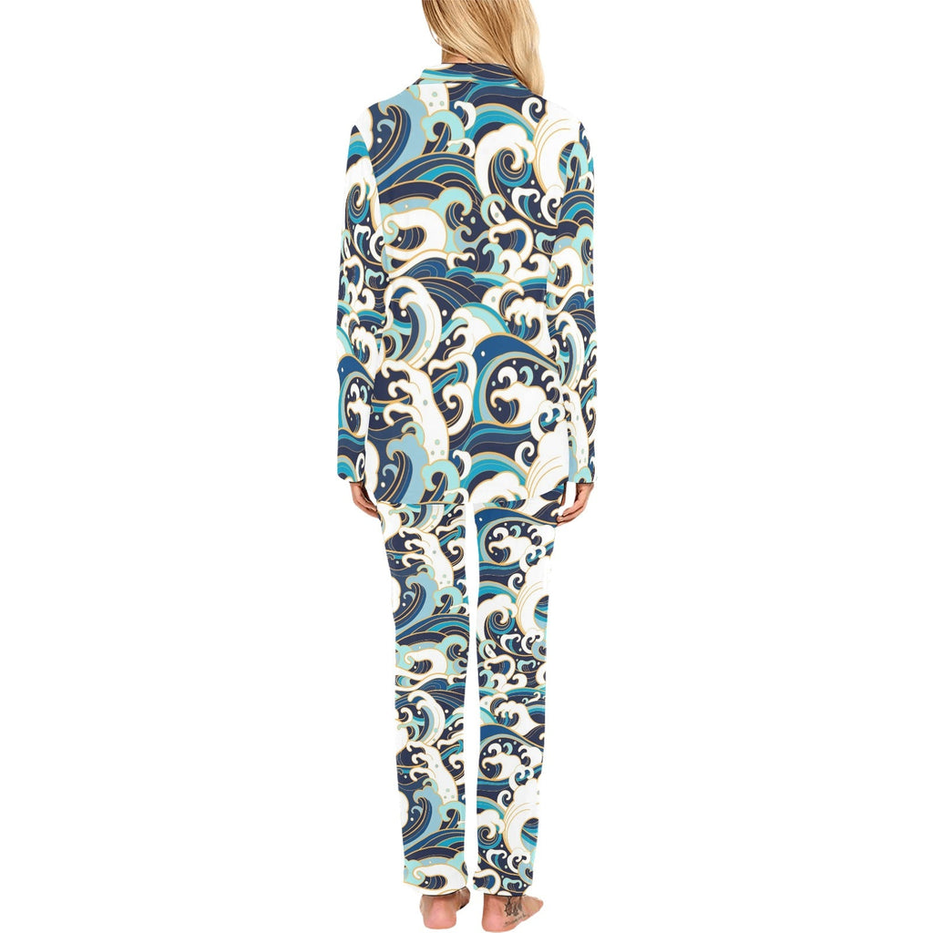 Japanese wave pattern Women's Long Pajama Set
