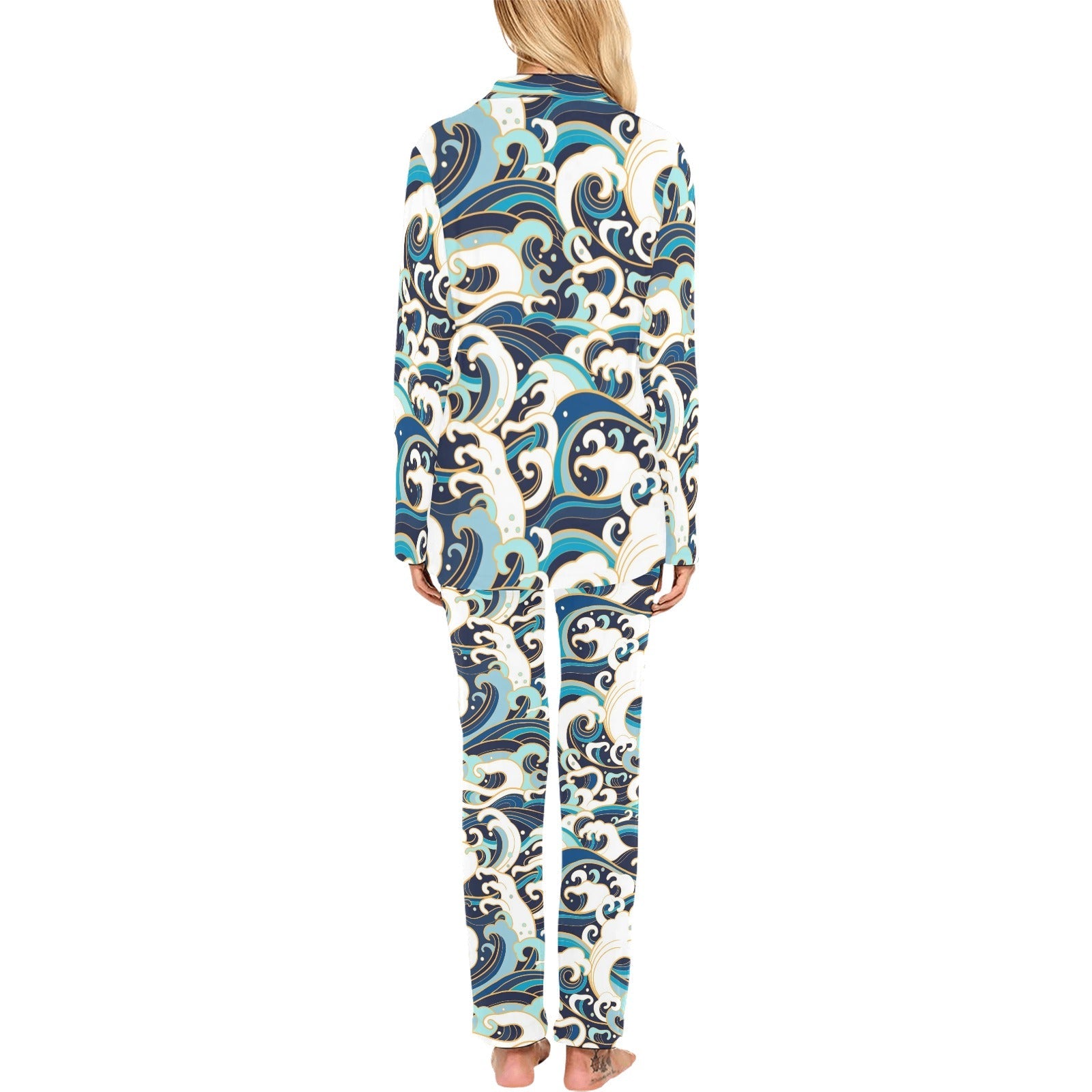 Japanese wave pattern Women's Long Pajama Set