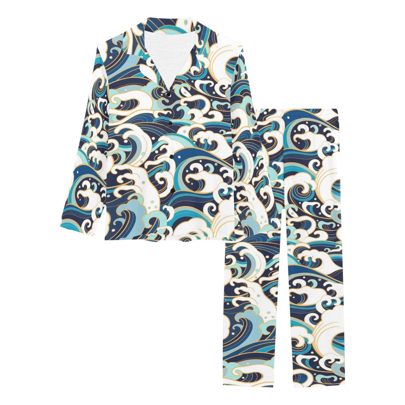 Japanese wave pattern Women's Long Pajama Set