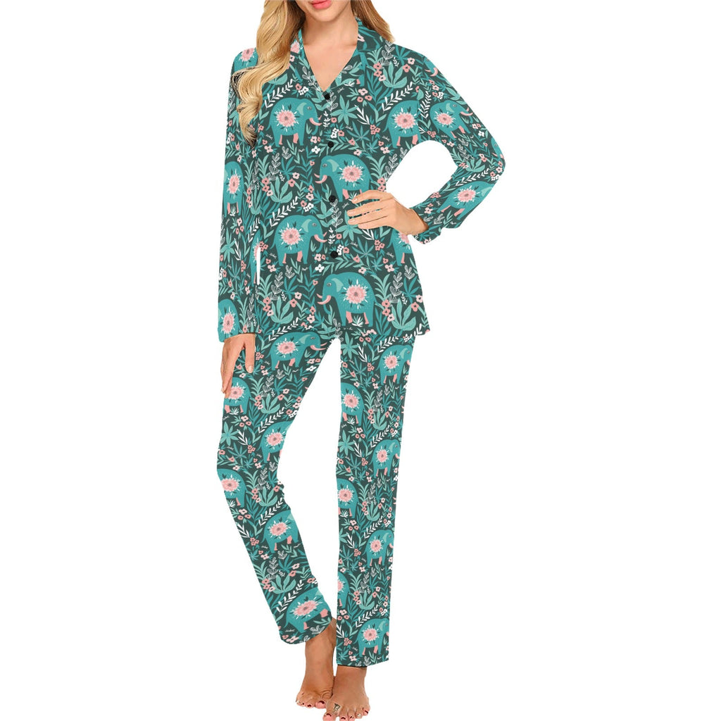 Elephants jungle pattern Women's Long Pajama Set