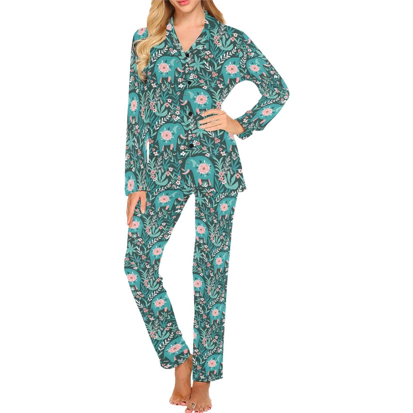 Elephants jungle pattern Women's Long Pajama Set