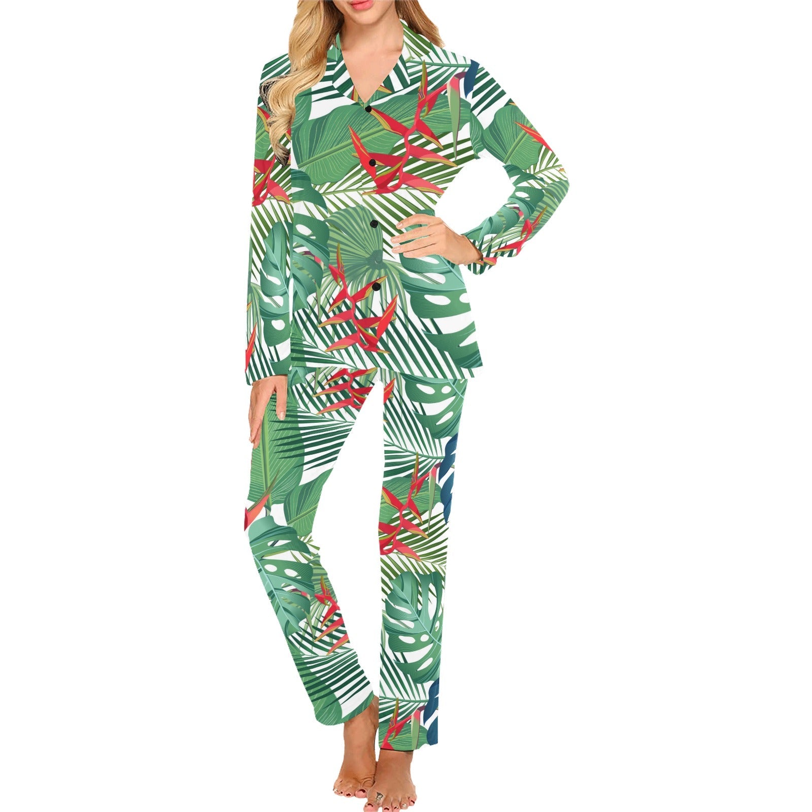 heliconia palm and monstera leaves pattern Women's Long Pajama Set