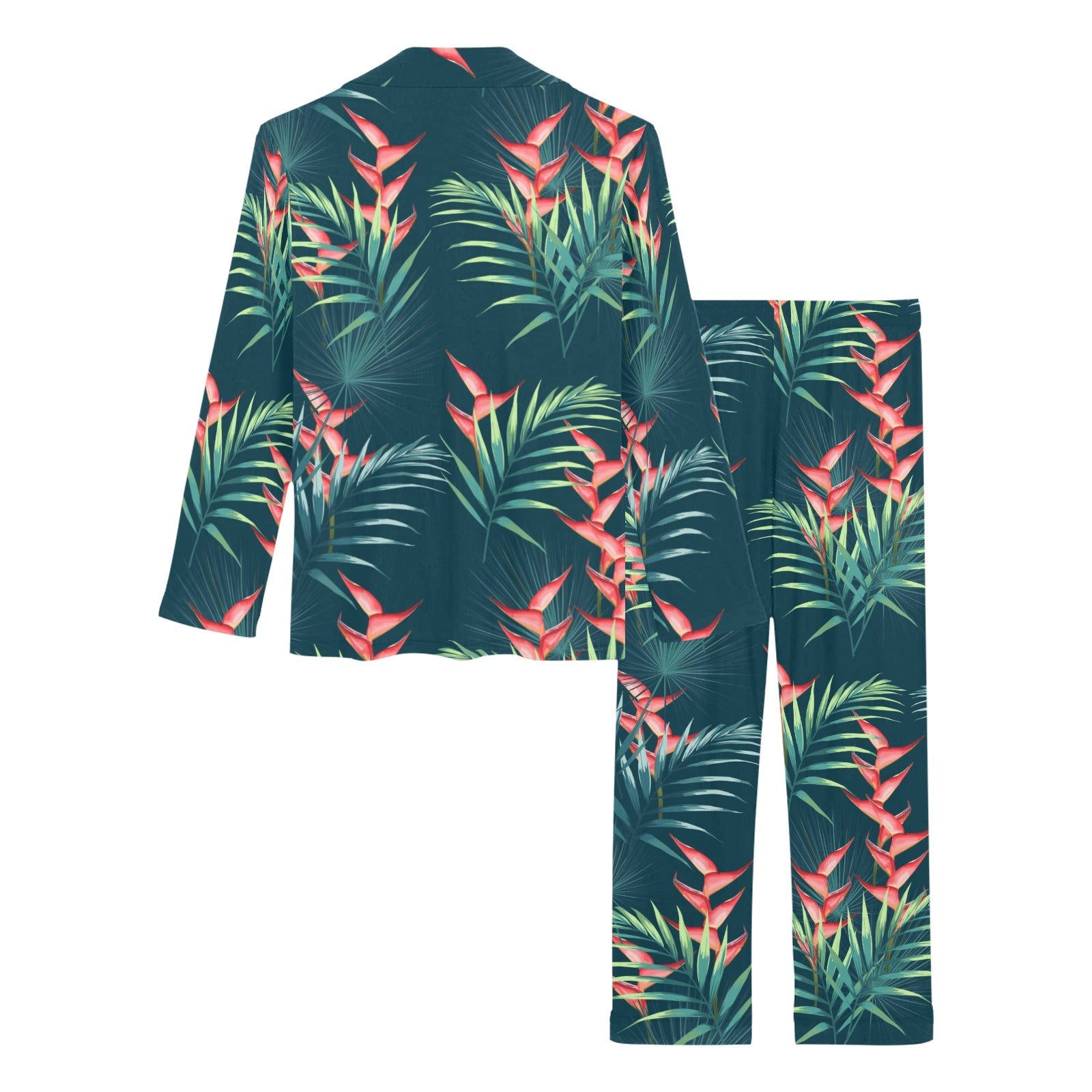 heliconia flowers, palm and monstera leaves on bla Women's Long Pajama Set