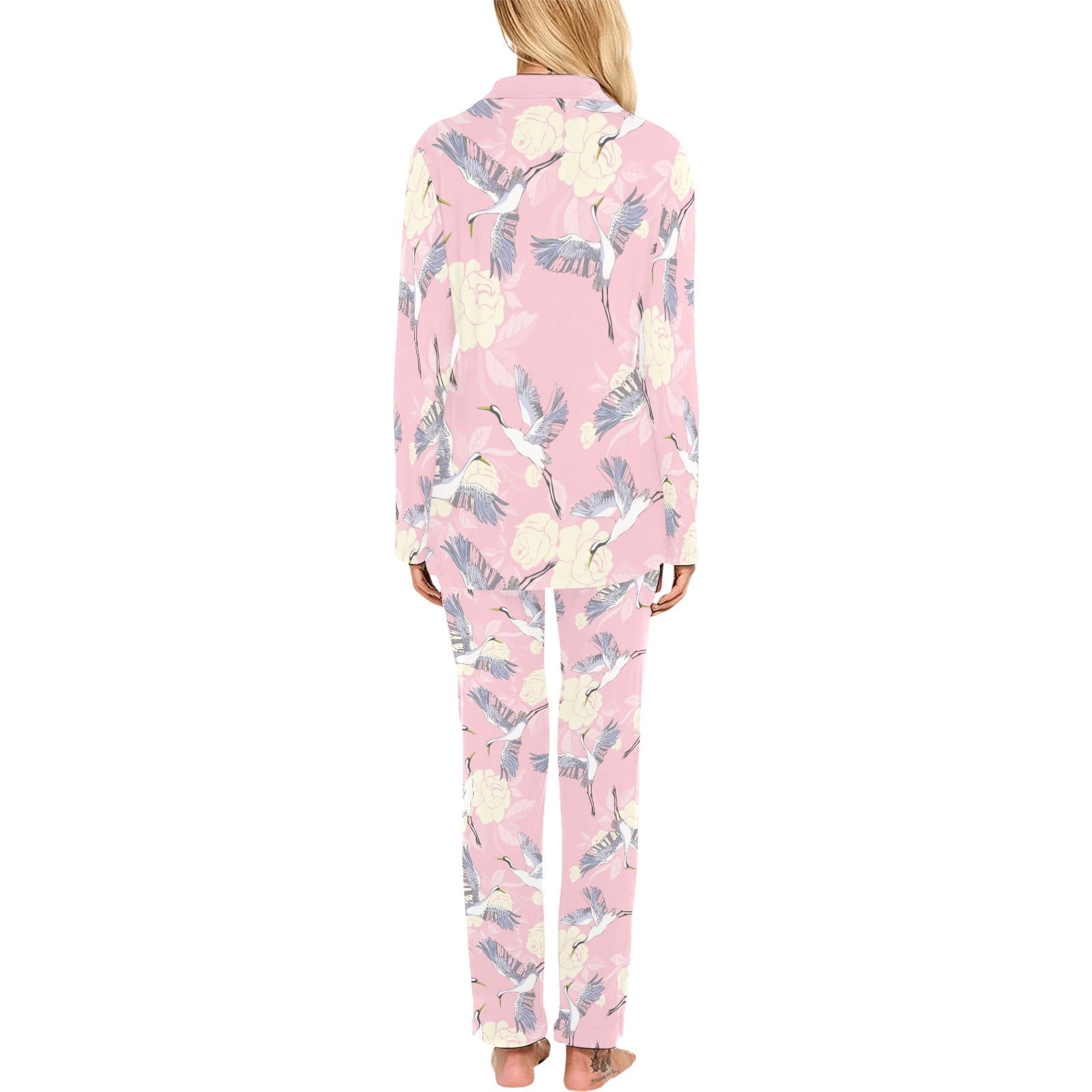 Japanese crane rose pattern Women's Long Pajama Set
