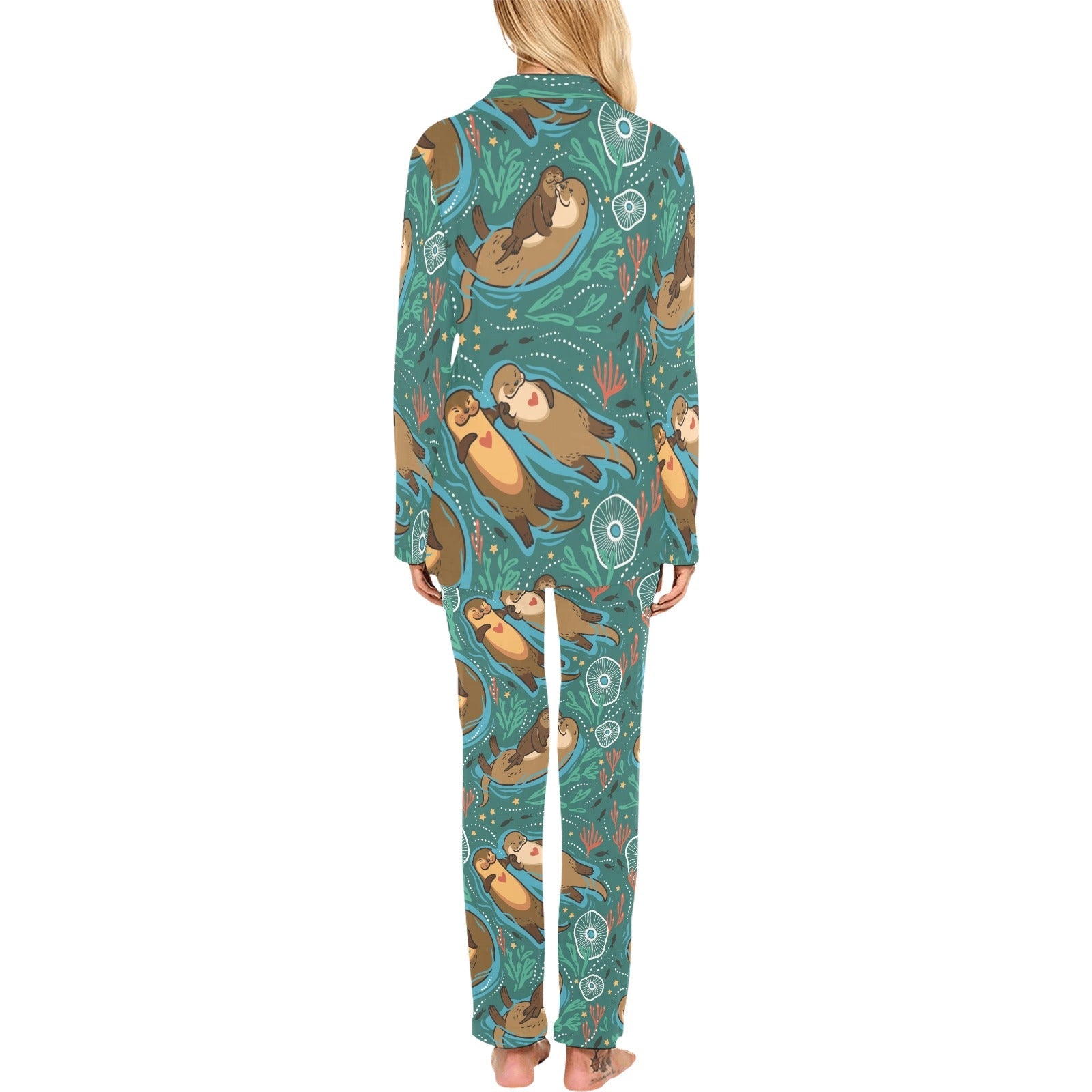 cute brown sea otters ornamental seaweed corals gr Women's Long Pajama Set
