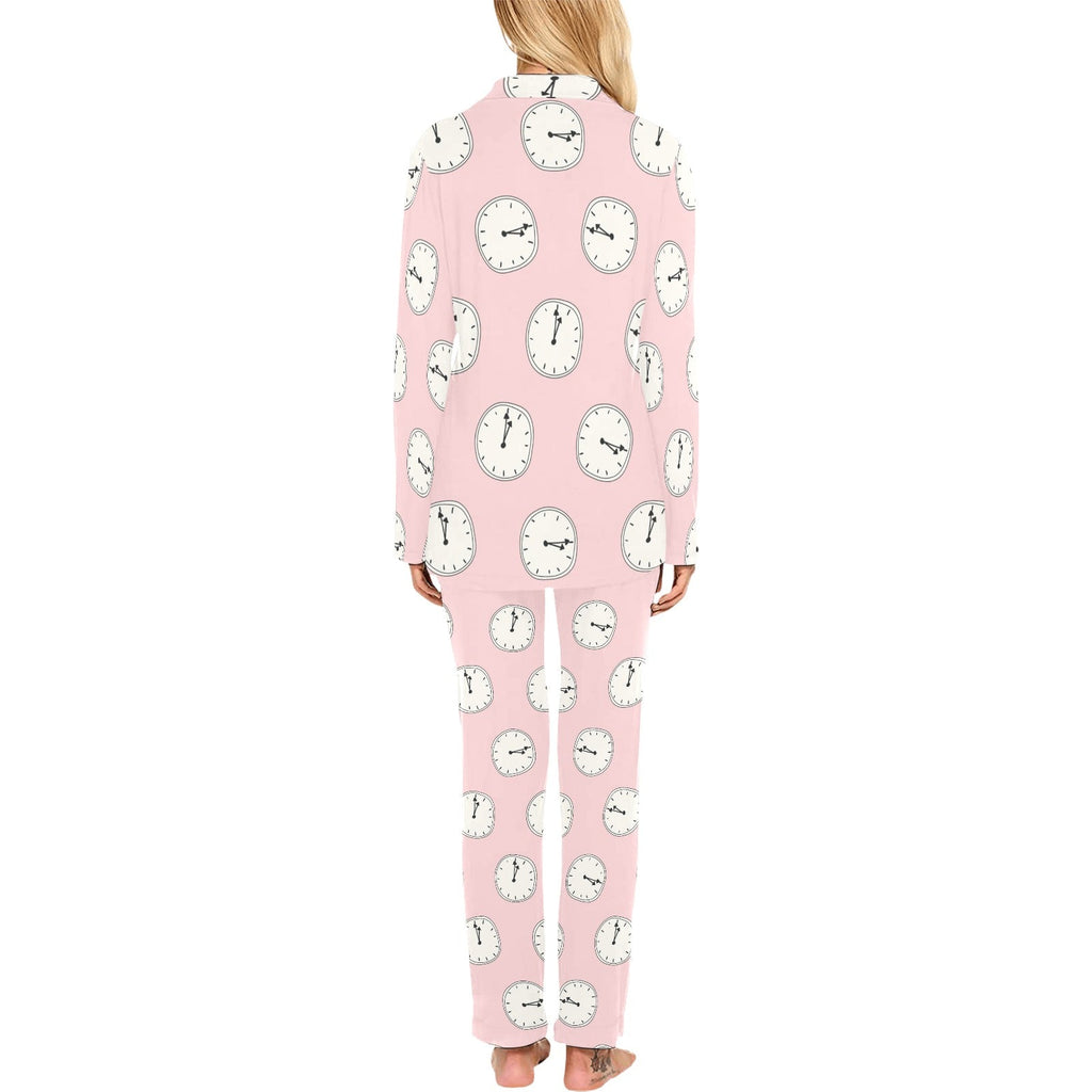 Clock pattern pink blackground Women's Long Pajama Set