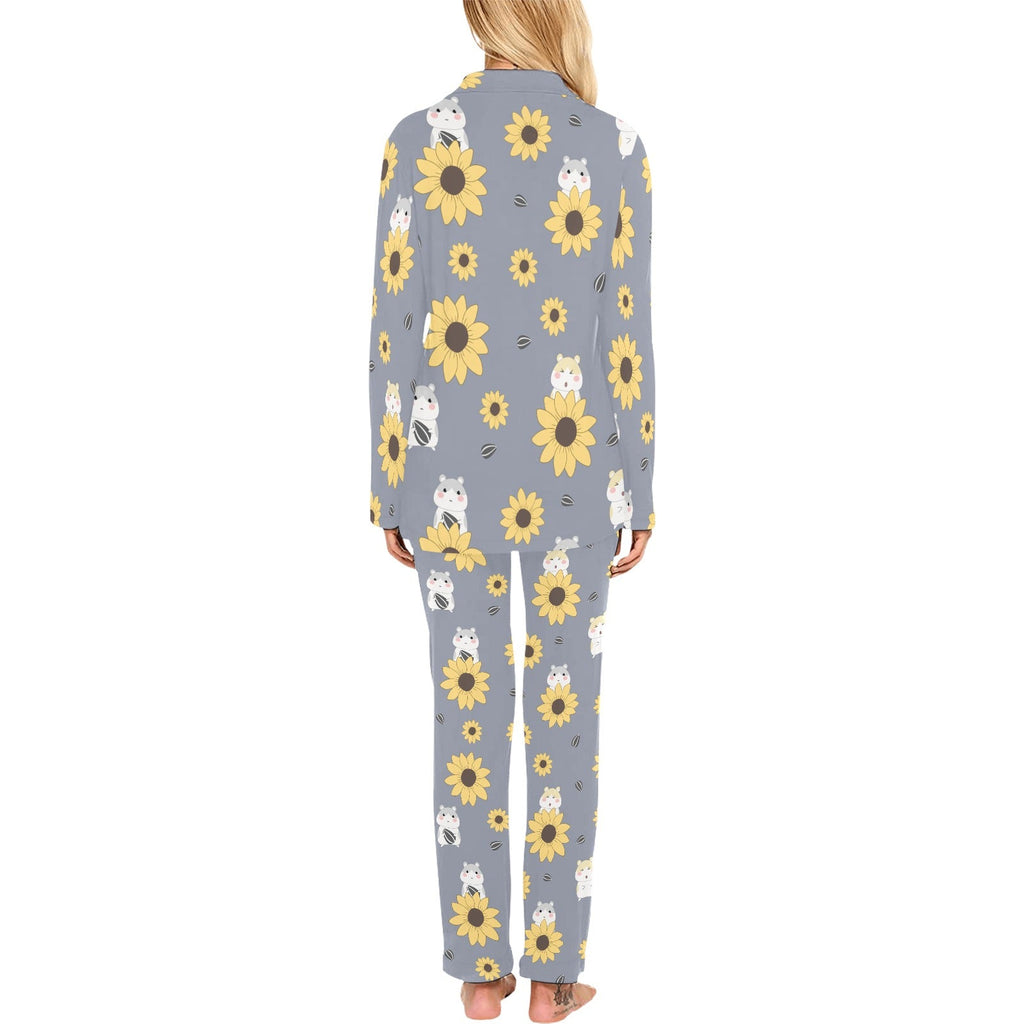 Cute hamster sunflower pattern background Women's Long Pajama Set