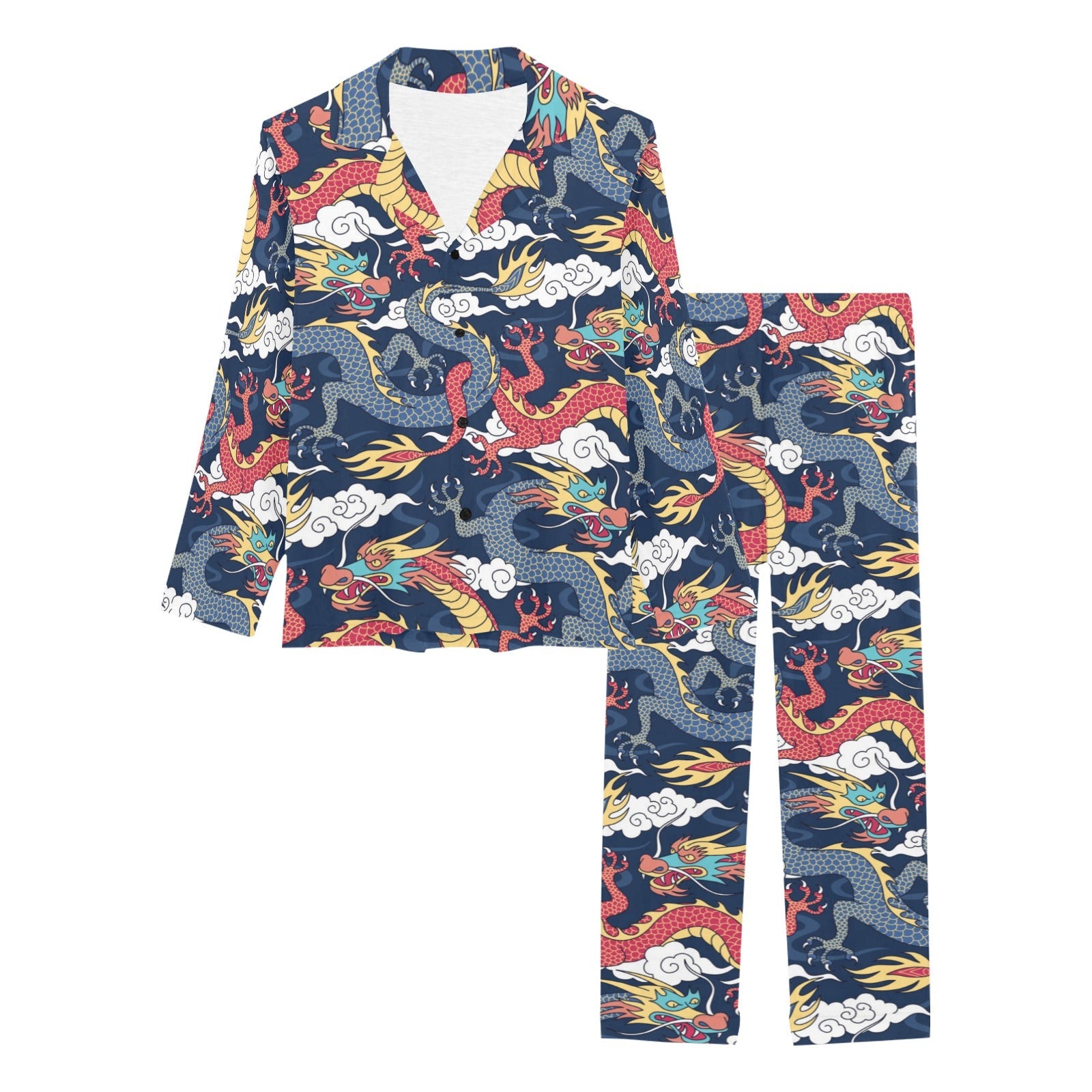 Blue red dragon cloud pattern Women's Long Pajama Set