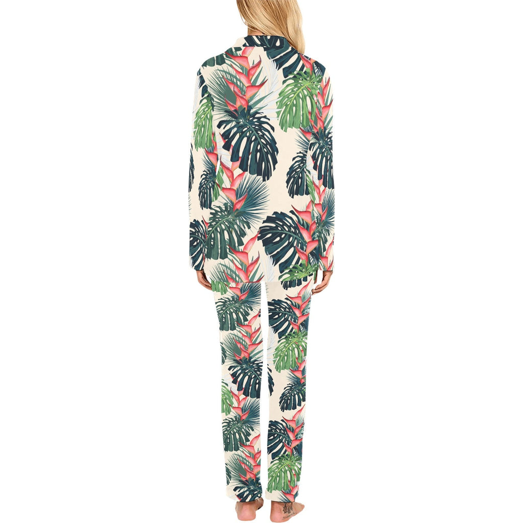 heliconia flowers, palm and monstera leaves Women's Long Pajama Set
