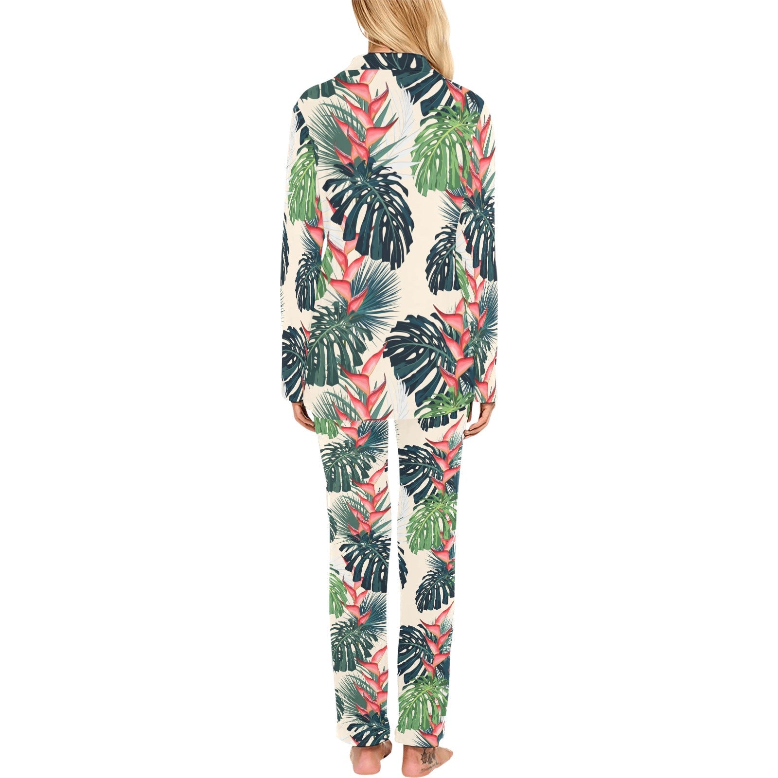 heliconia flowers, palm and monstera leaves Women's Long Pajama Set