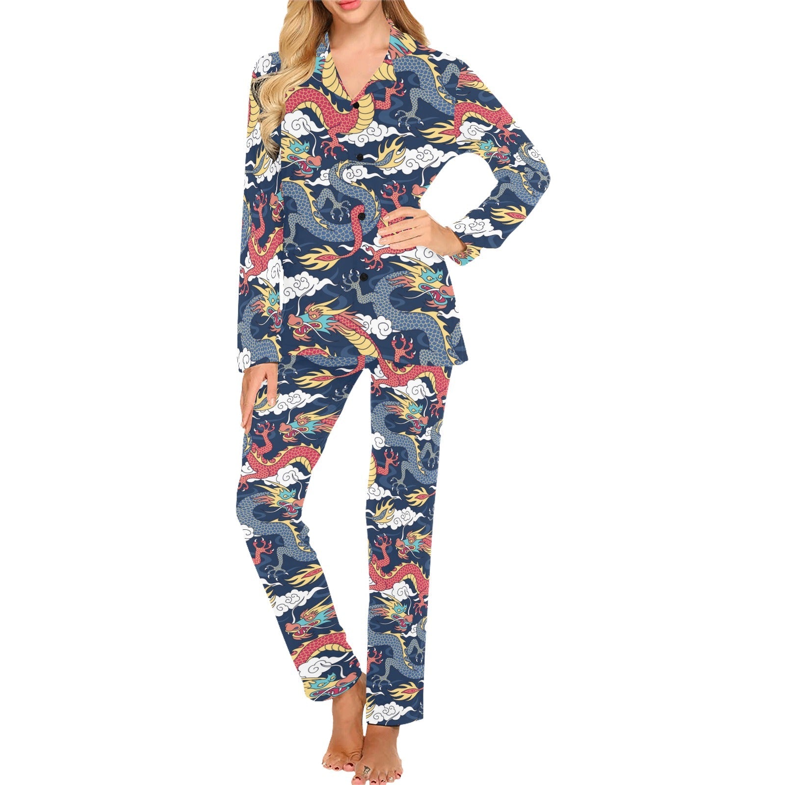 Blue red dragon cloud pattern Women's Long Pajama Set