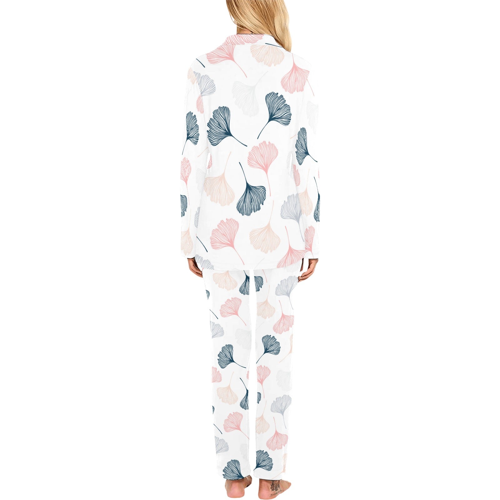 Black Gray Cream coral ginkgo leaves pattern Women's Long Pajama Set