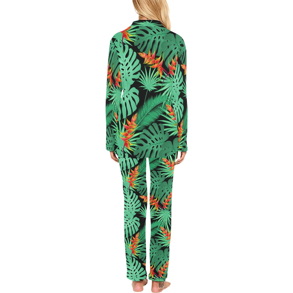 heliconia flower palm monstera leaves black backgr Women's Long Pajama Set