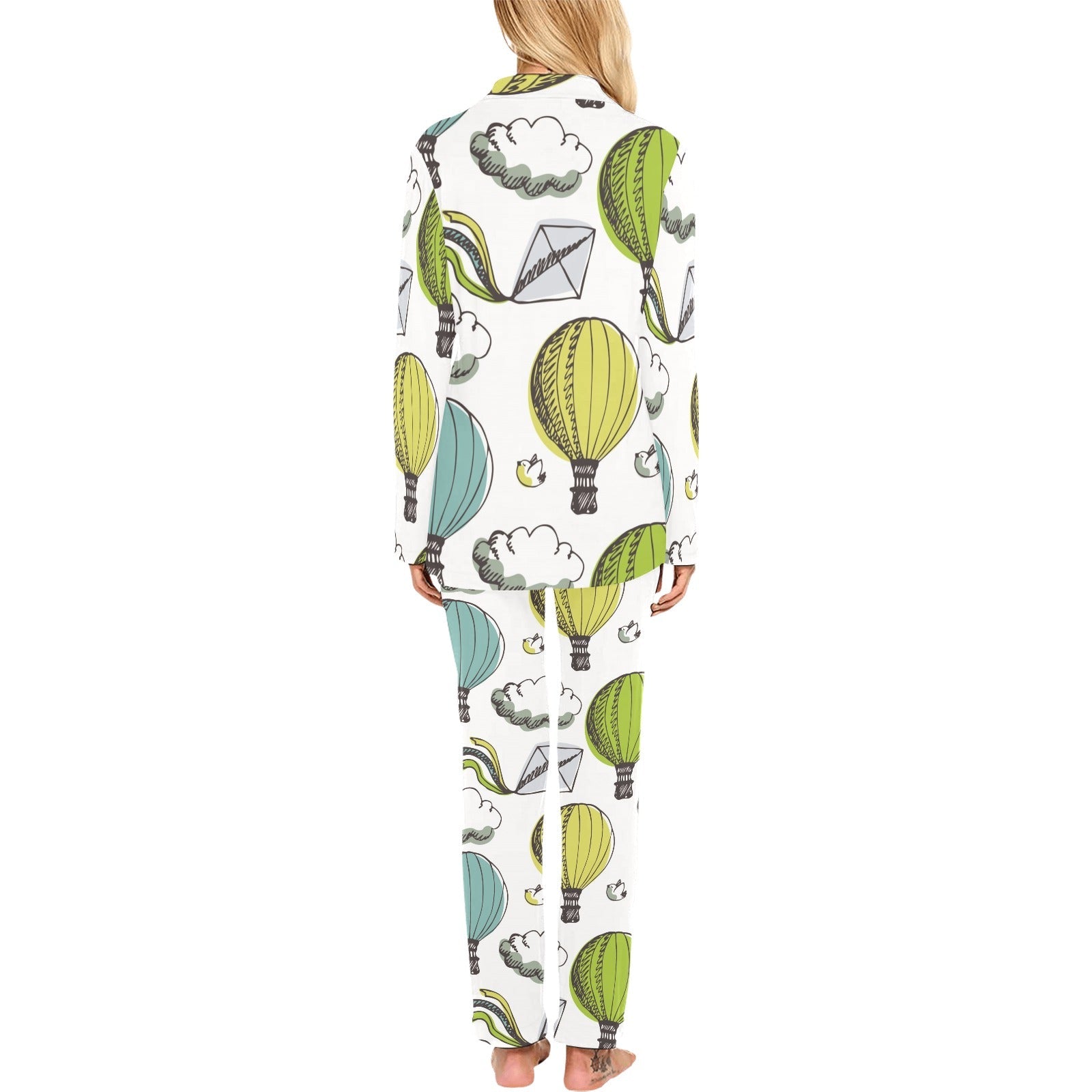 Hot Air Balloon Bird Cloud Pattern Women's Long Pajama Set