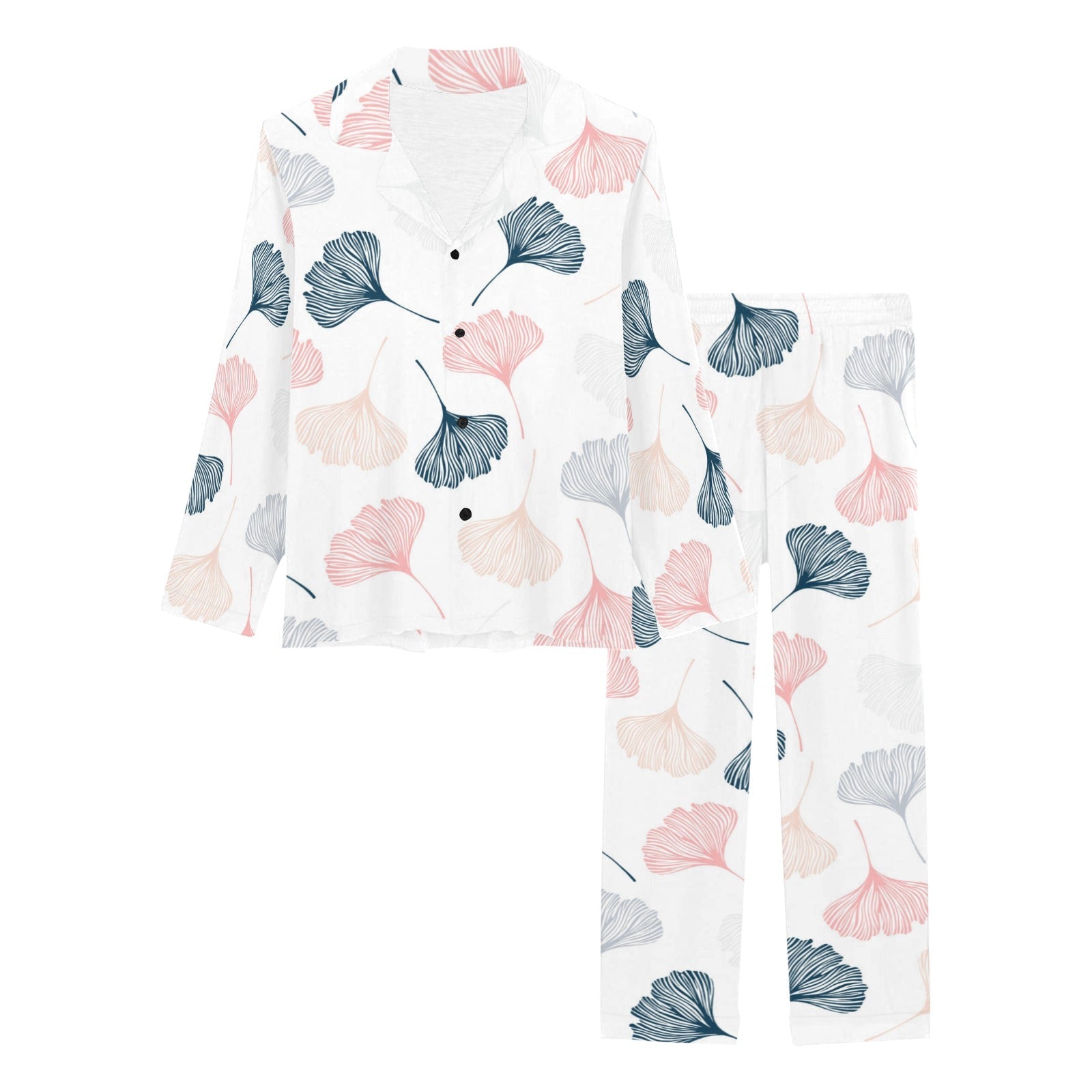 Black Gray Cream coral ginkgo leaves pattern Women's Long Pajama Set