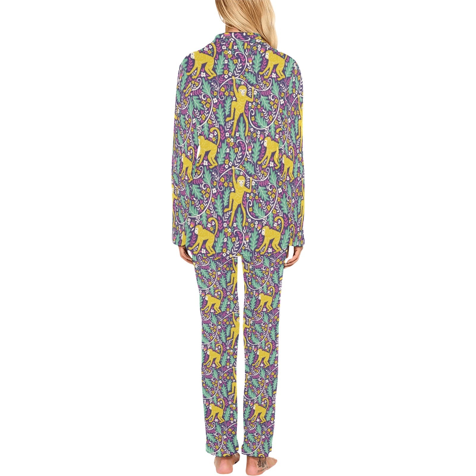 Cute yellow monkey leaves pattern Women's Long Pajama Set