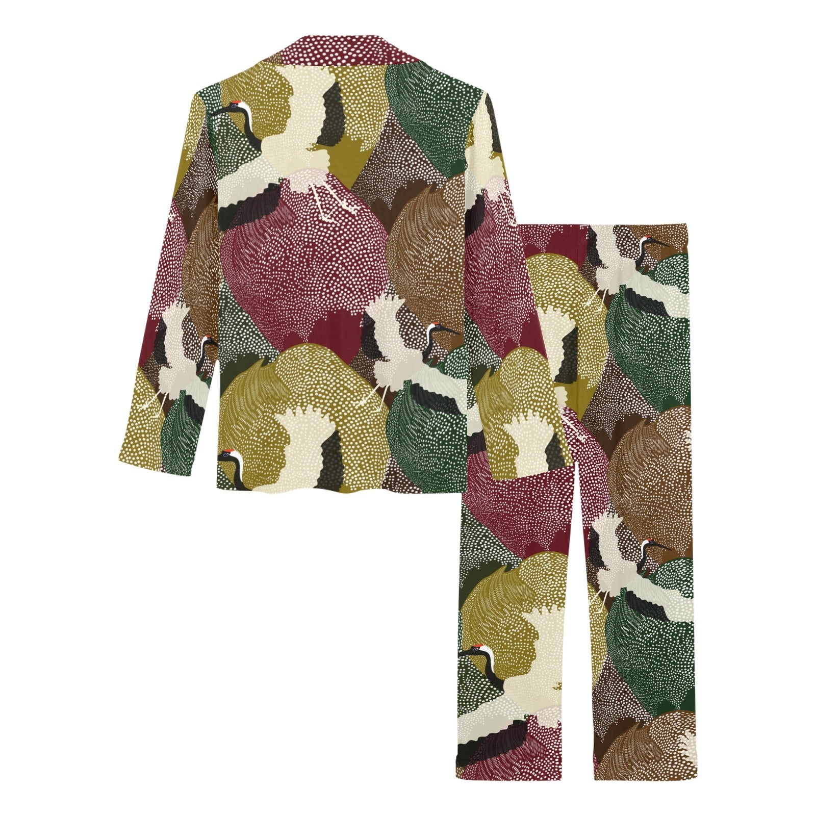 Japanese cranes flying forest dot pattern Women's Long Pajama Set