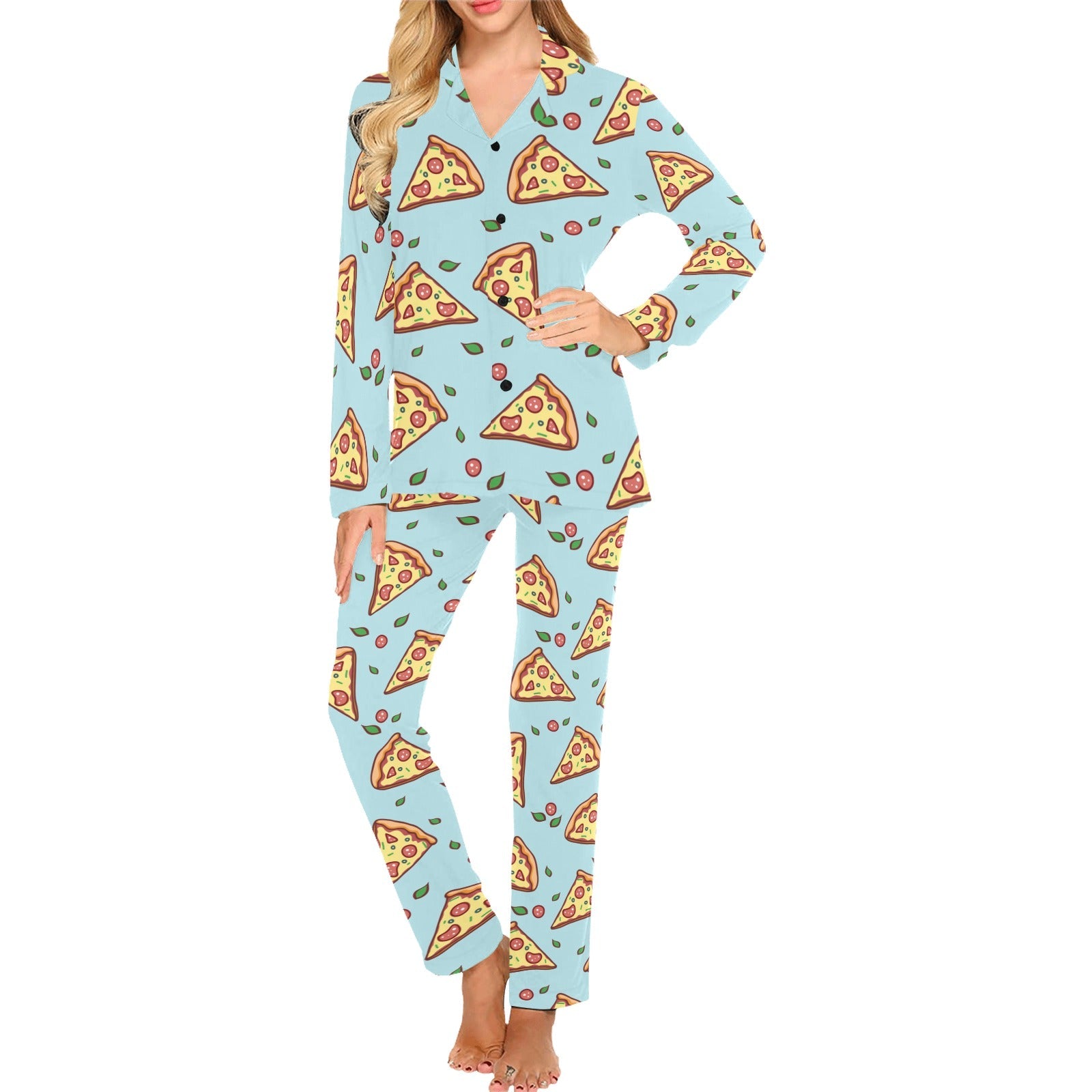 Hand drawn pizza blue background Women's Long Pajama Set