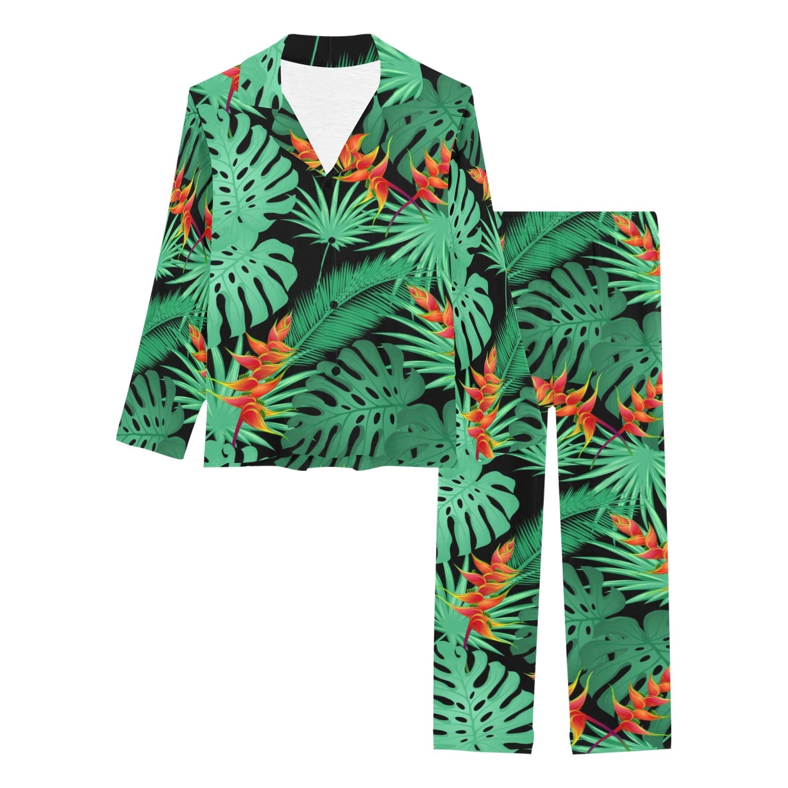 heliconia flower palm monstera leaves black backgr Women's Long Pajama Set