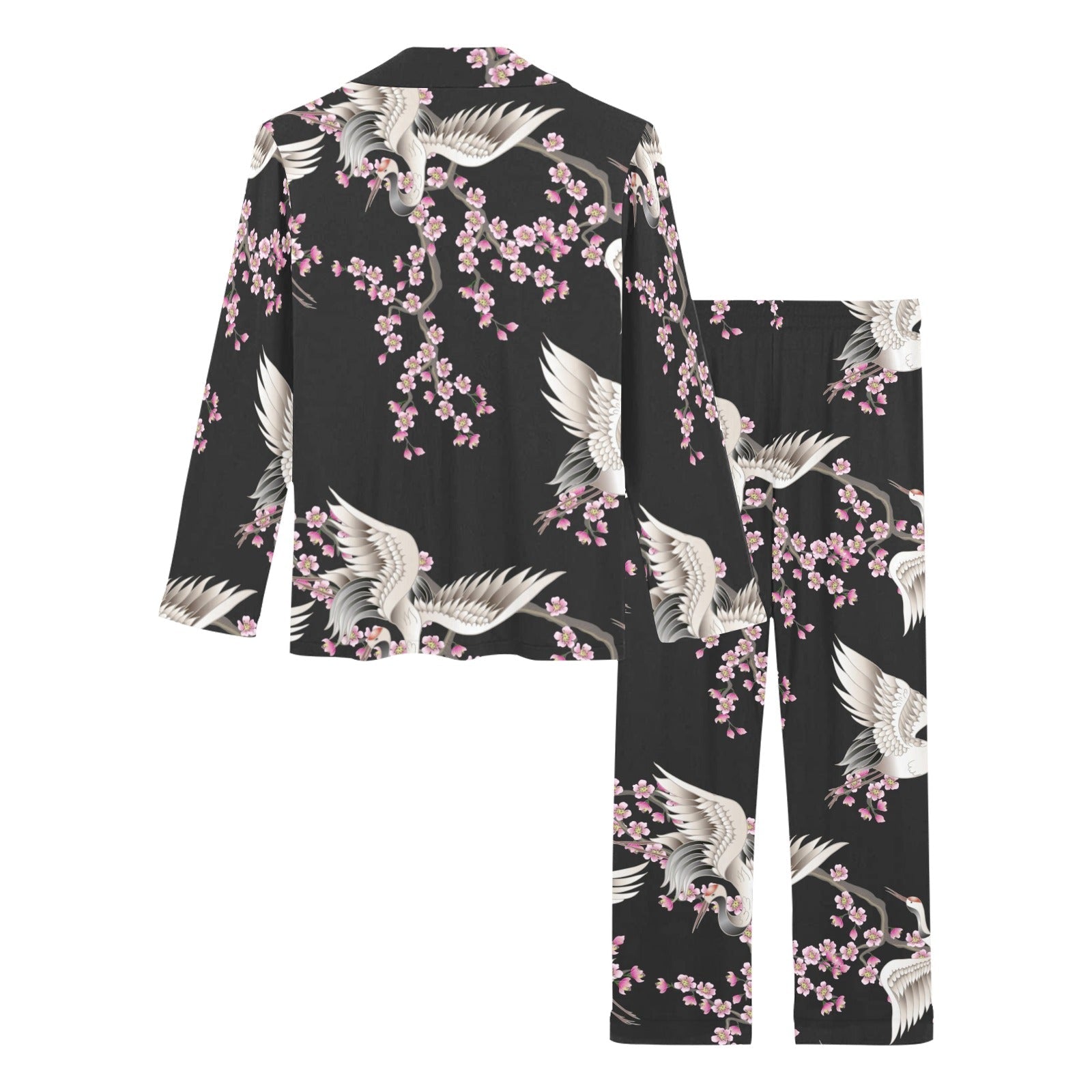 Japanese crane pink sakura pattern Women's Long Pajama Set