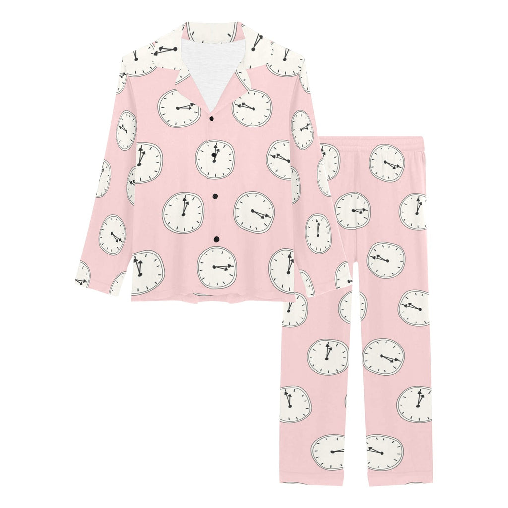 Clock pattern pink blackground Women's Long Pajama Set