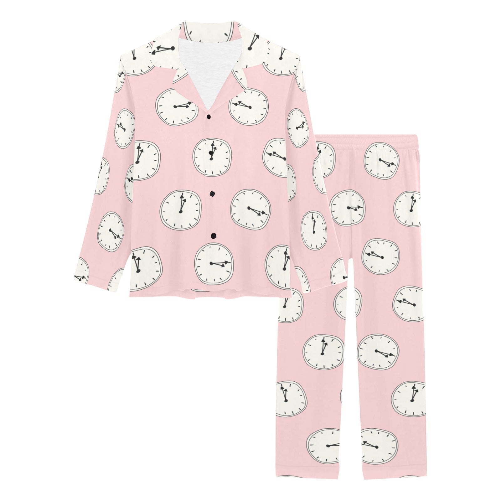 Clock pattern pink blackground Women's Long Pajama Set