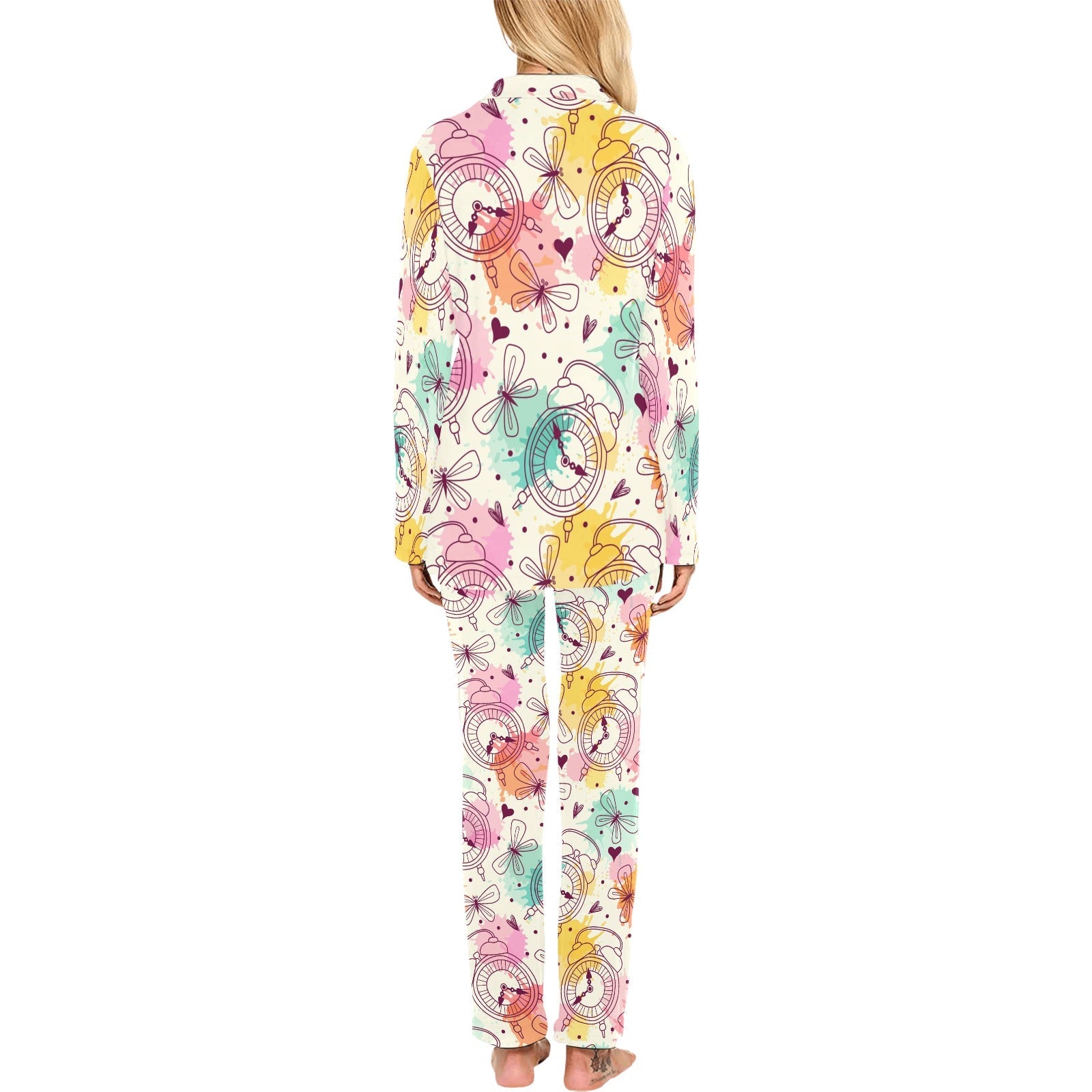 Clock butterfly pattern Women's Long Pajama Set