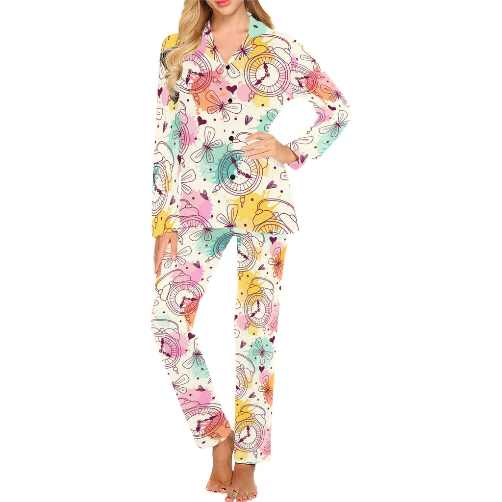 Clock butterfly pattern Women's Long Pajama Set