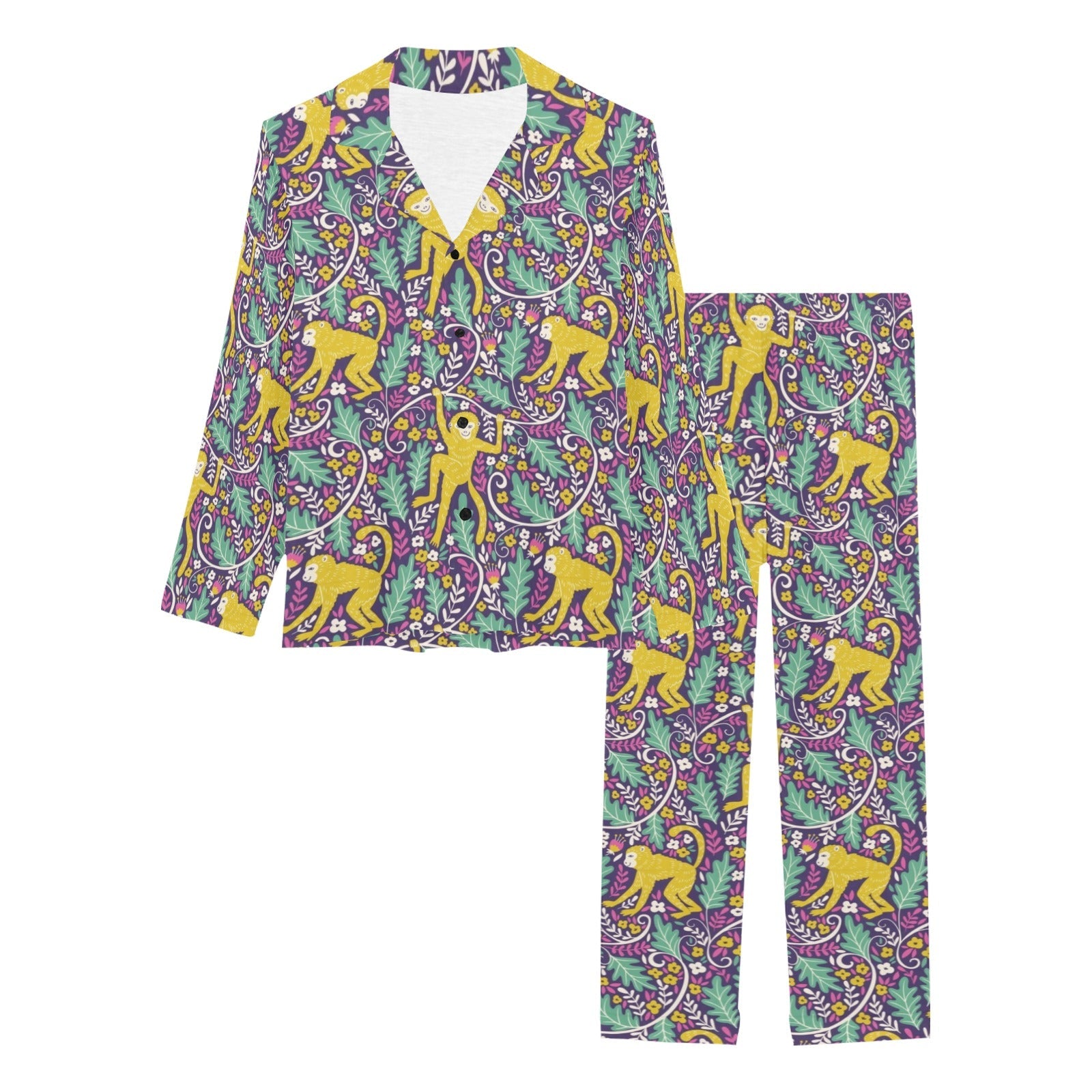 Cute yellow monkey leaves pattern Women's Long Pajama Set