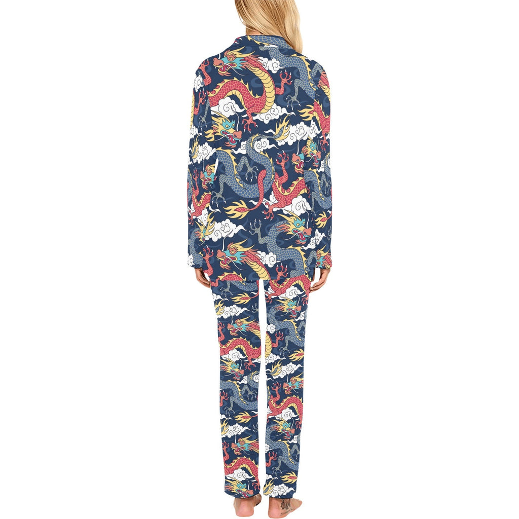 Blue red dragon cloud pattern Women's Long Pajama Set