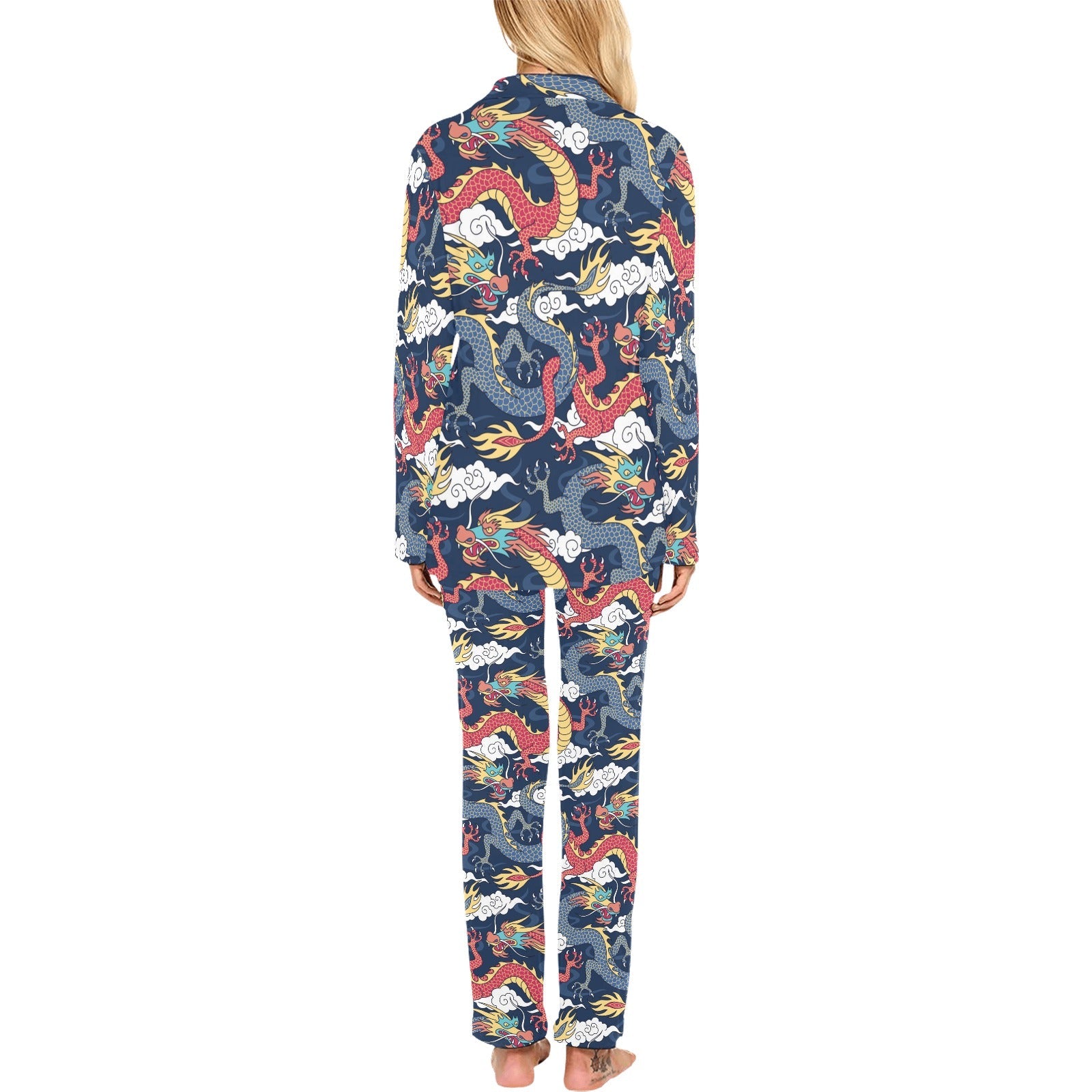Blue red dragon cloud pattern Women's Long Pajama Set