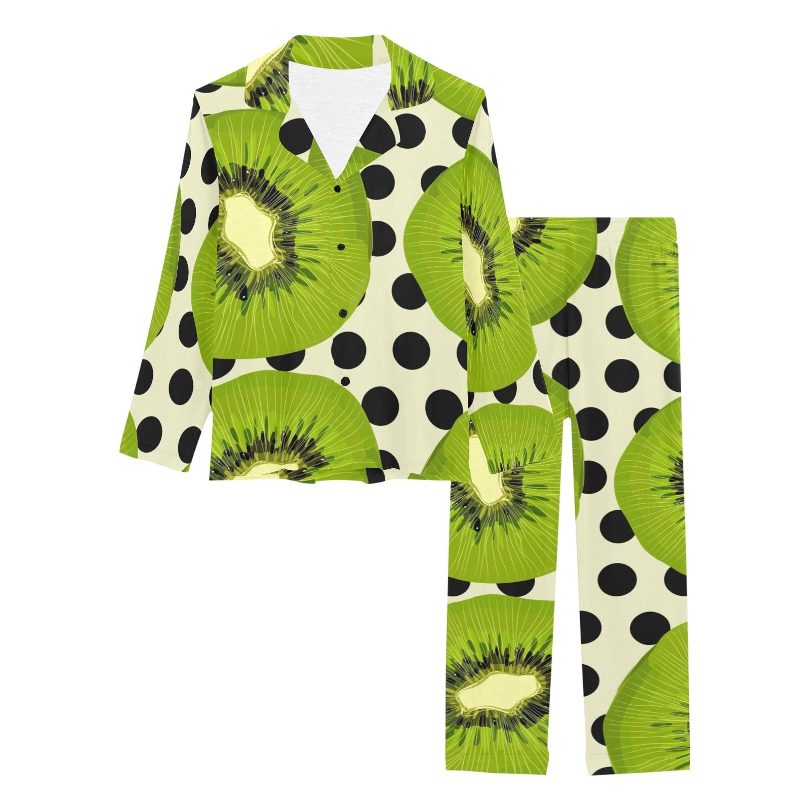 kiwi black dot background Women's Long Pajama Set