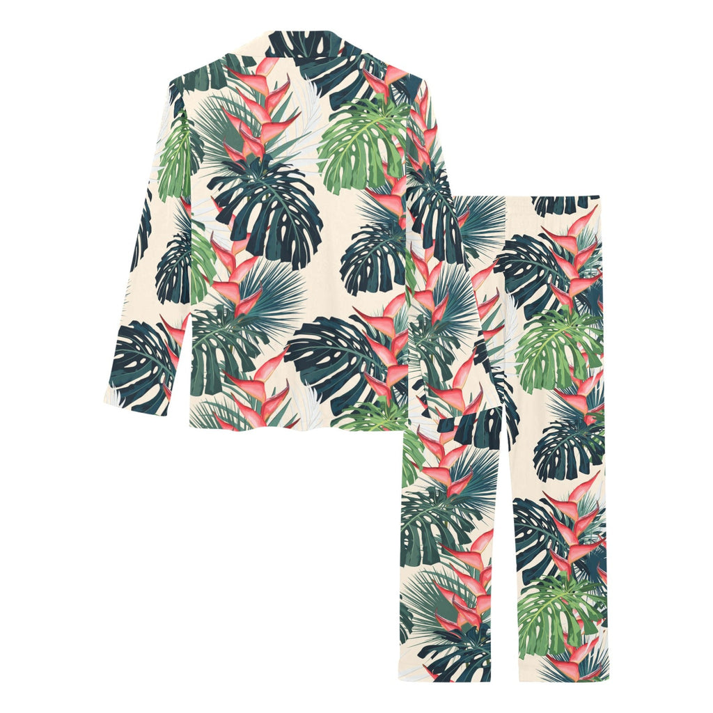 heliconia flowers, palm and monstera leaves Women's Long Pajama Set