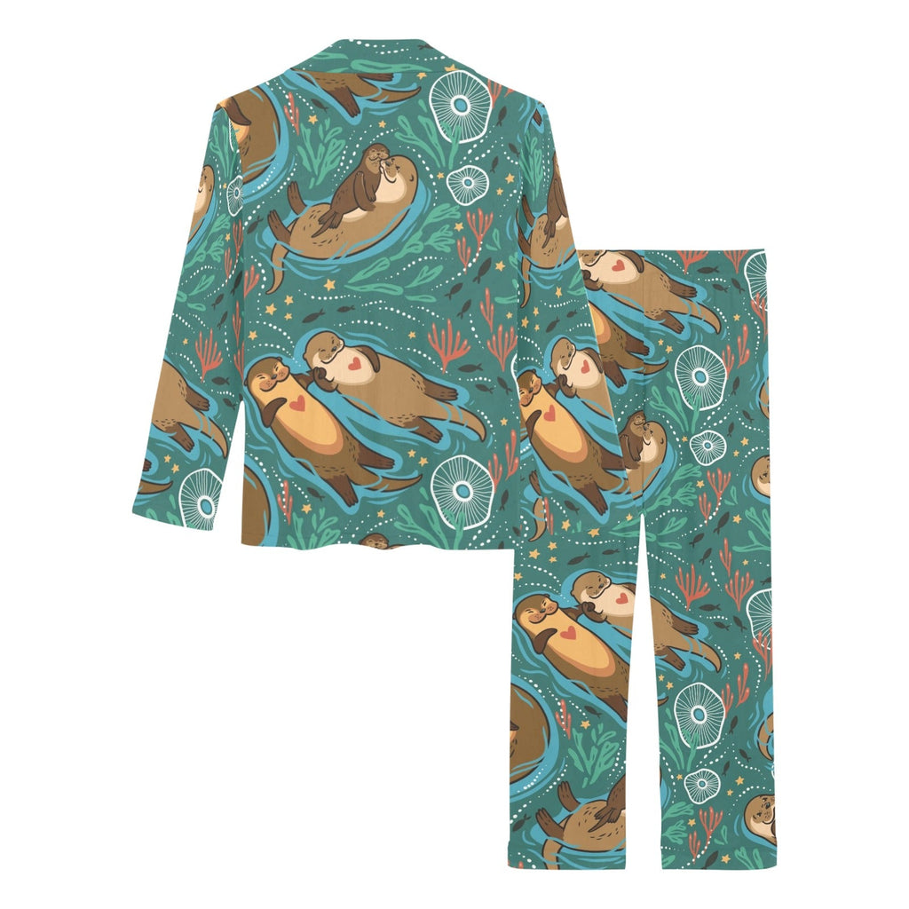 cute brown sea otters ornamental seaweed corals gr Women's Long Pajama Set