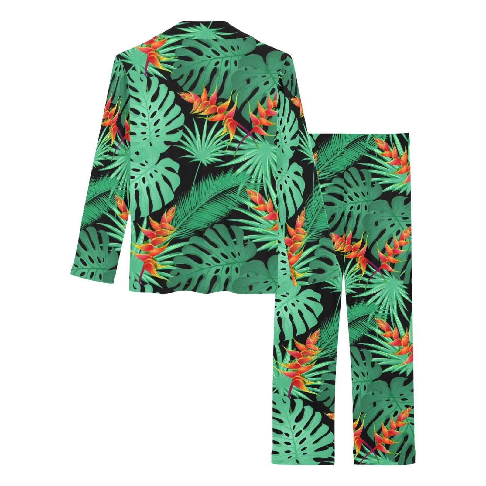 heliconia flower palm monstera leaves black backgr Women's Long Pajama Set