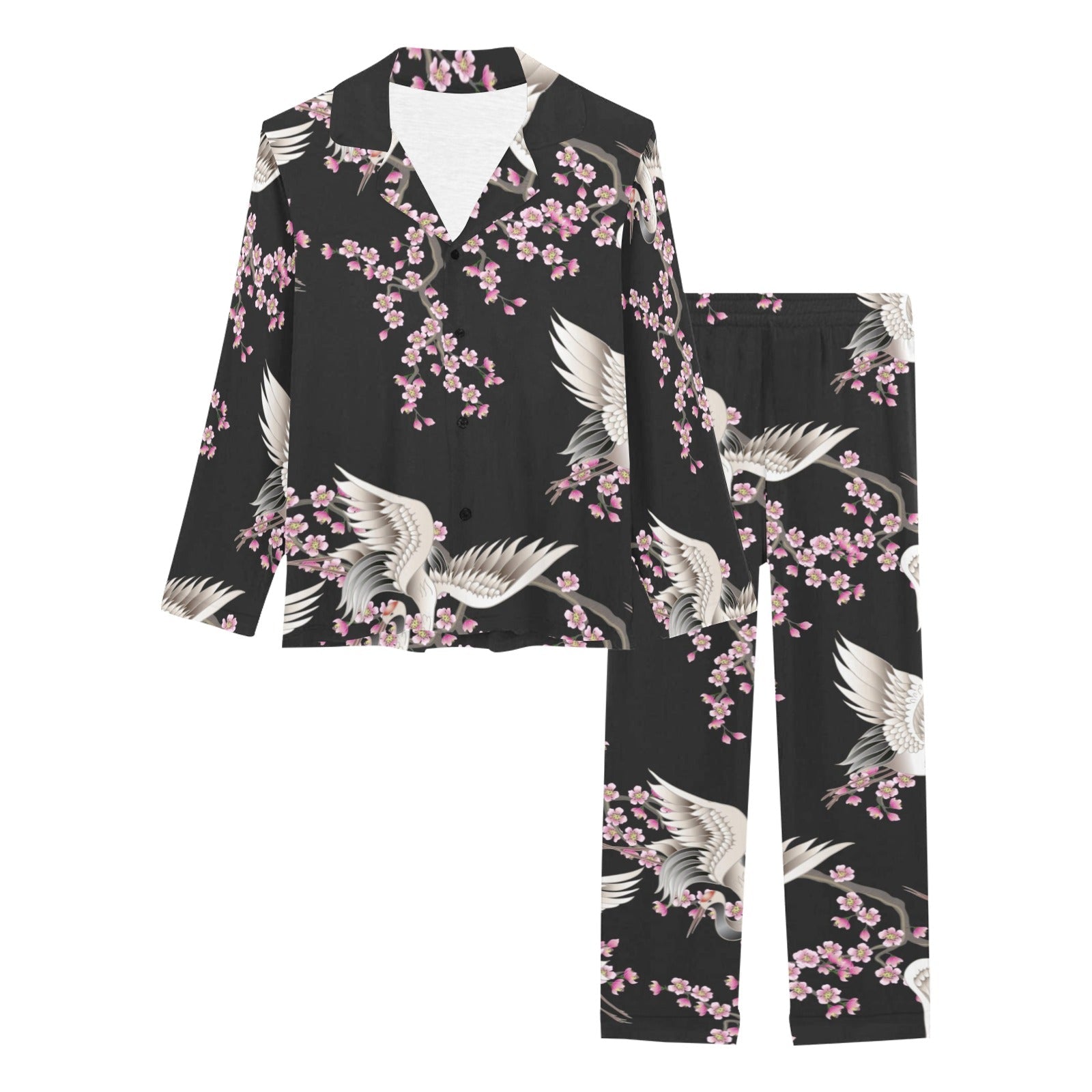 Japanese crane pink sakura pattern Women's Long Pajama Set