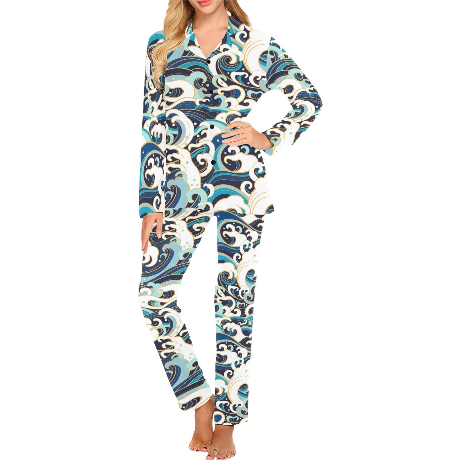 Japanese wave pattern Women's Long Pajama Set