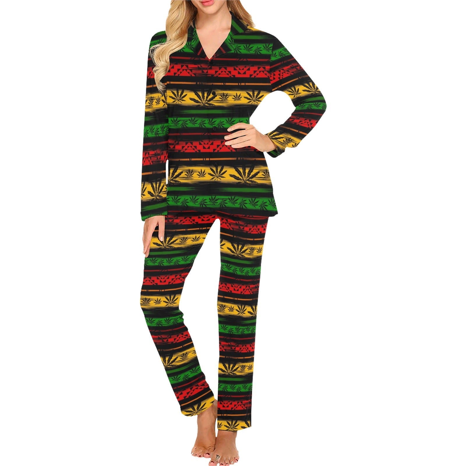 Canabis Marijuana Weed Pattern Print Design 04 Women's Long Pajama Set