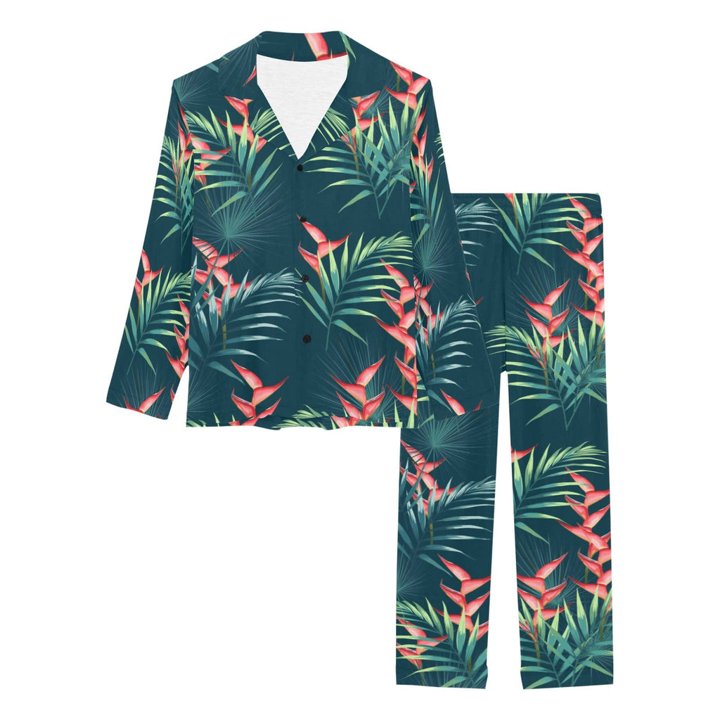 heliconia flowers, palm and monstera leaves on bla Women's Long Pajama Set