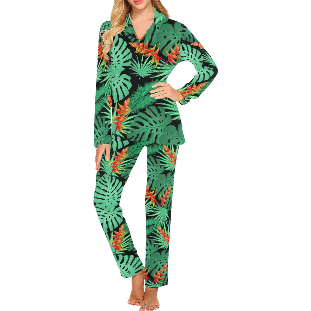 heliconia flower palm monstera leaves black backgr Women's Long Pajama Set