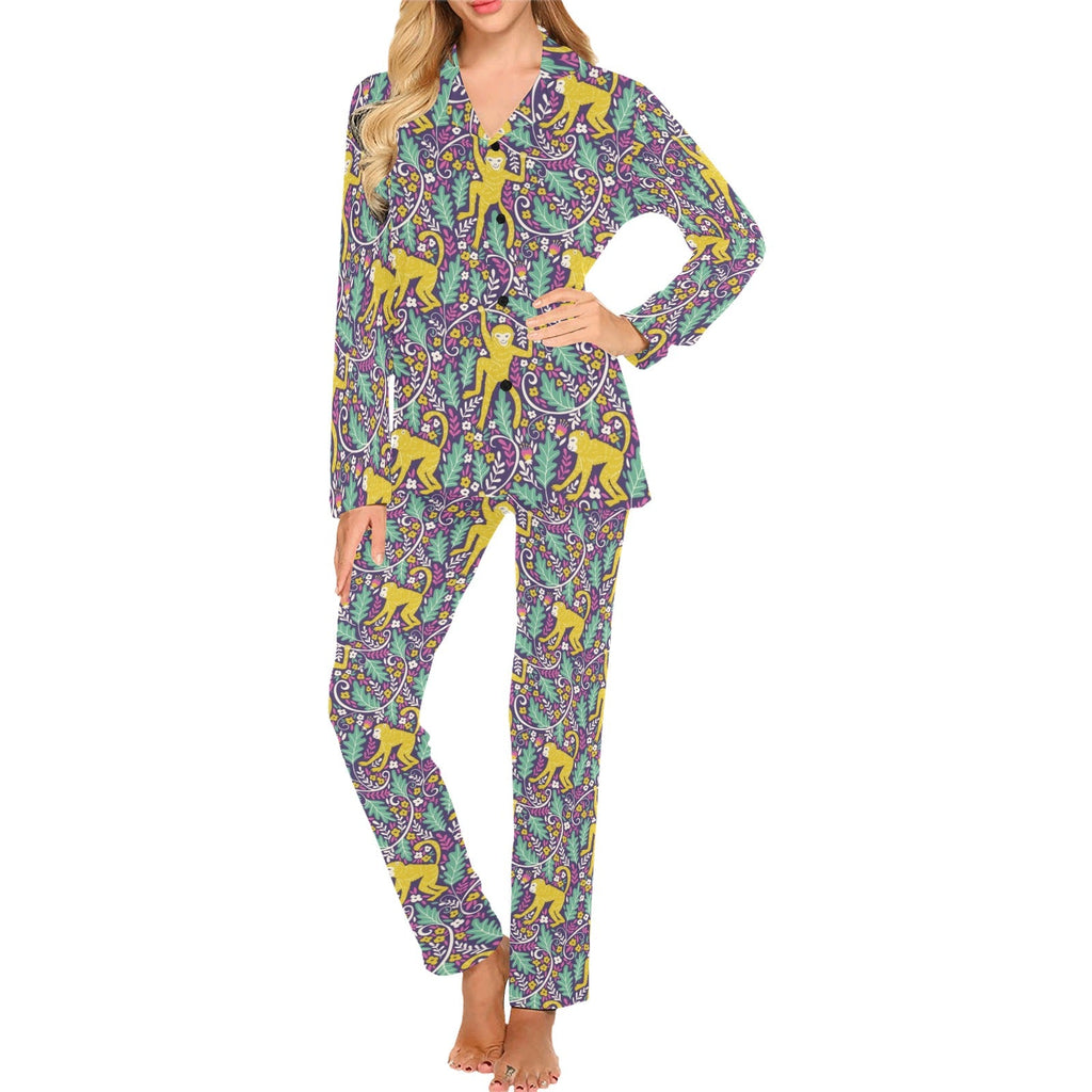 Cute yellow monkey leaves pattern Women's Long Pajama Set