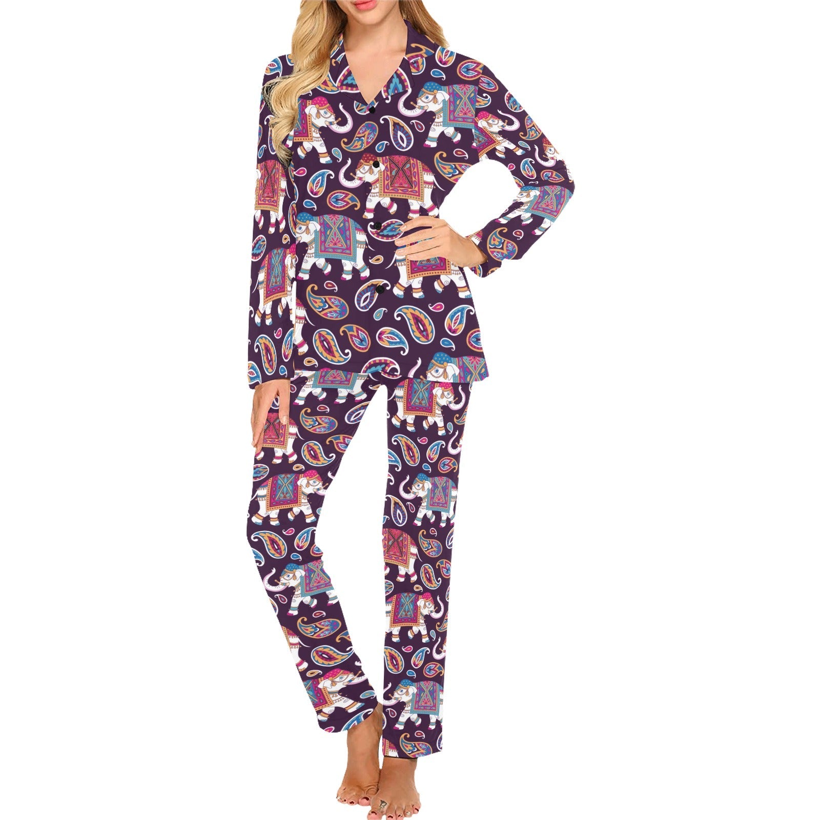 Elephant indian style ornament pattern Women's Long Pajama Set