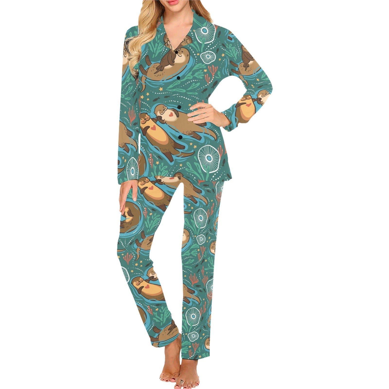 cute brown sea otters ornamental seaweed corals gr Women's Long Pajama Set