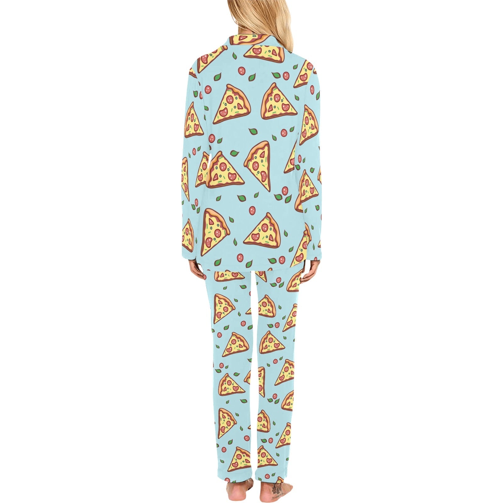 Hand drawn pizza blue background Women's Long Pajama Set