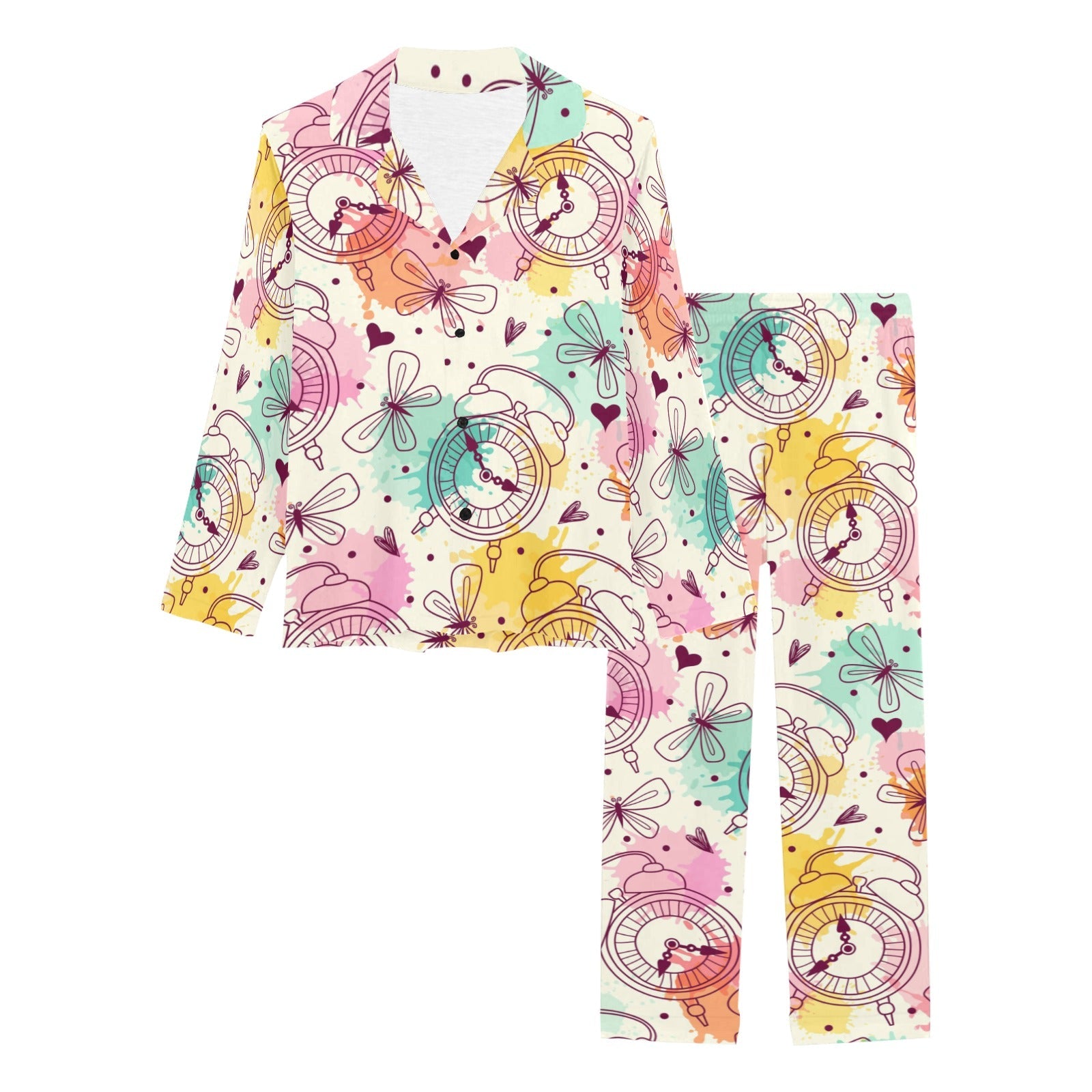 Clock butterfly pattern Women's Long Pajama Set